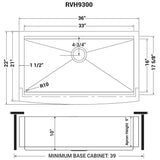 Dimensions for Ruvati Verona 36" Stainless Steel Workstation Apron-front Farmhouse Sink, 16 Gauge, RVH9300