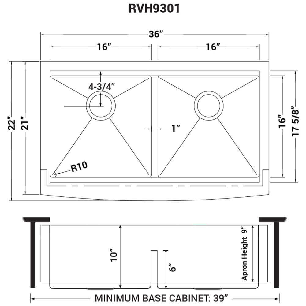 Dimensions Image for Ruvati Verona 36" Stainless Steel Workstation Apron-front Farmhouse Sink, 50/50 Low Divide Double Bowl, 16 Gauge, RVH9301