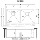 Dimensions for Ruvati Verona 36" Stainless Steel Workstation Apron-front Farmhouse Sink, 50/50 Low Divide Double Bowl, 16 Gauge, RVH9301