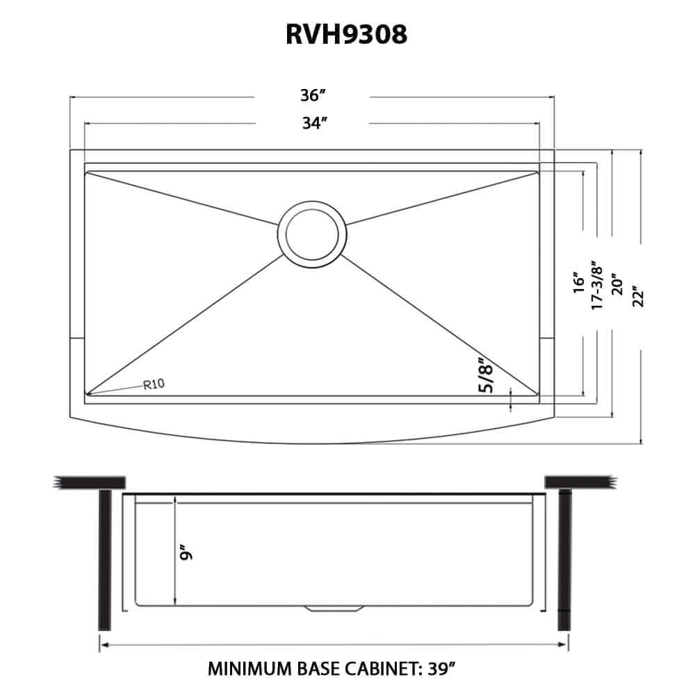 Dimensions Image for Ruvati Monaco 36" Stainless Steel Workstation Apron-front Farmhouse Sink, Matte Gold Brass Tone, 16 Gauge, RVH9308GG