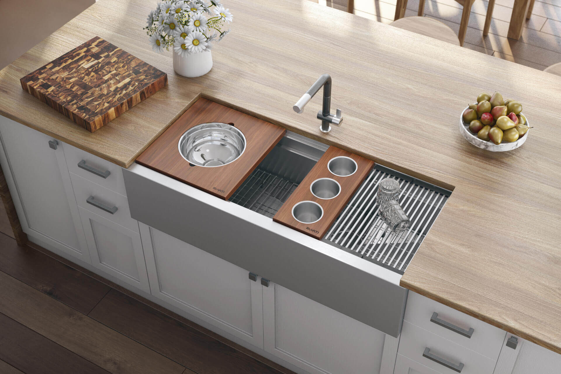 Alternative View of Ruvati Dual-Tier 45" Stainless Steel Workstation Apron-front Farmhouse Sink, 16 Gauge, RVH9333