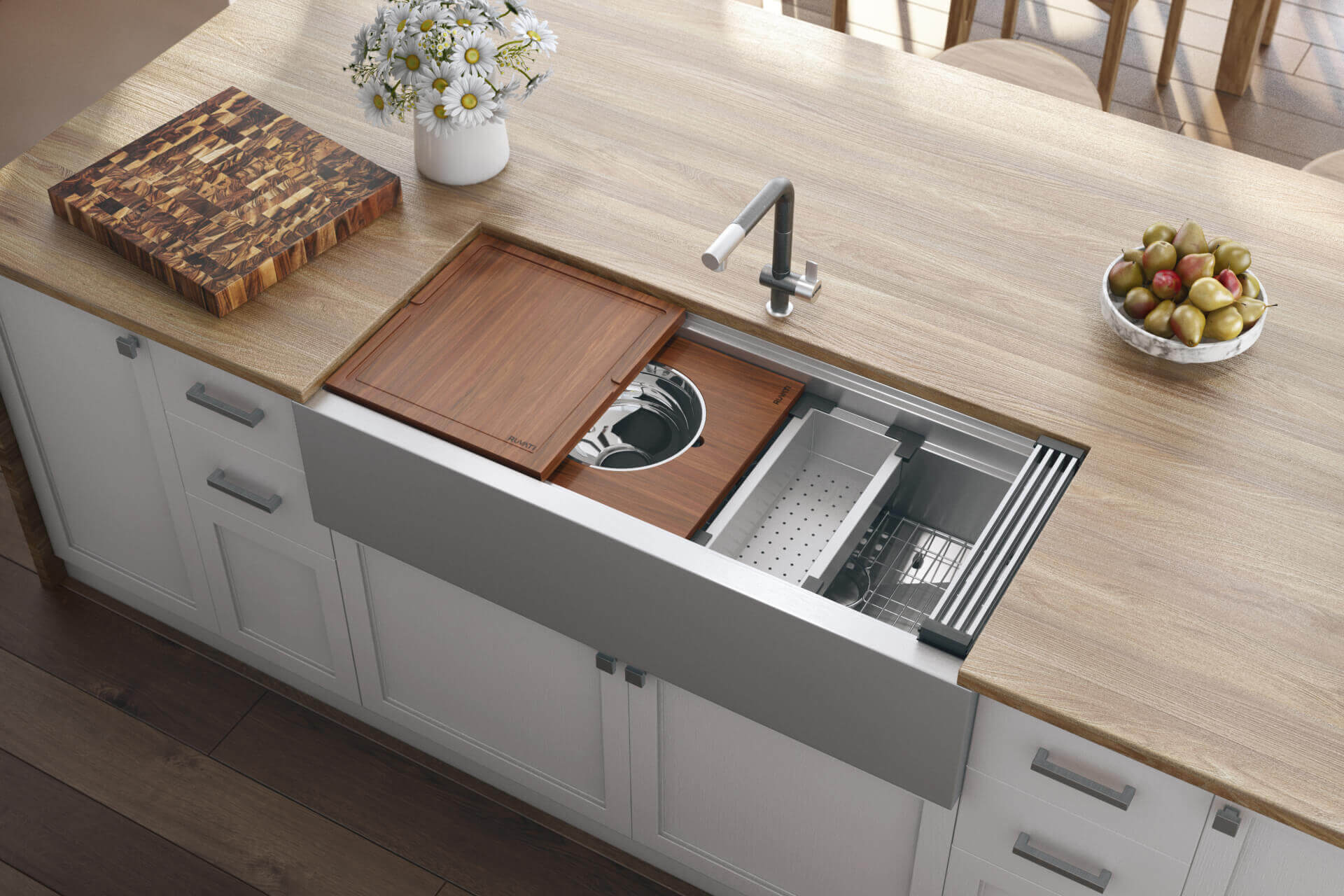 Alternative View of Ruvati Dual-Tier 45" Stainless Steel Workstation Apron-front Farmhouse Sink, 16 Gauge, RVH9333