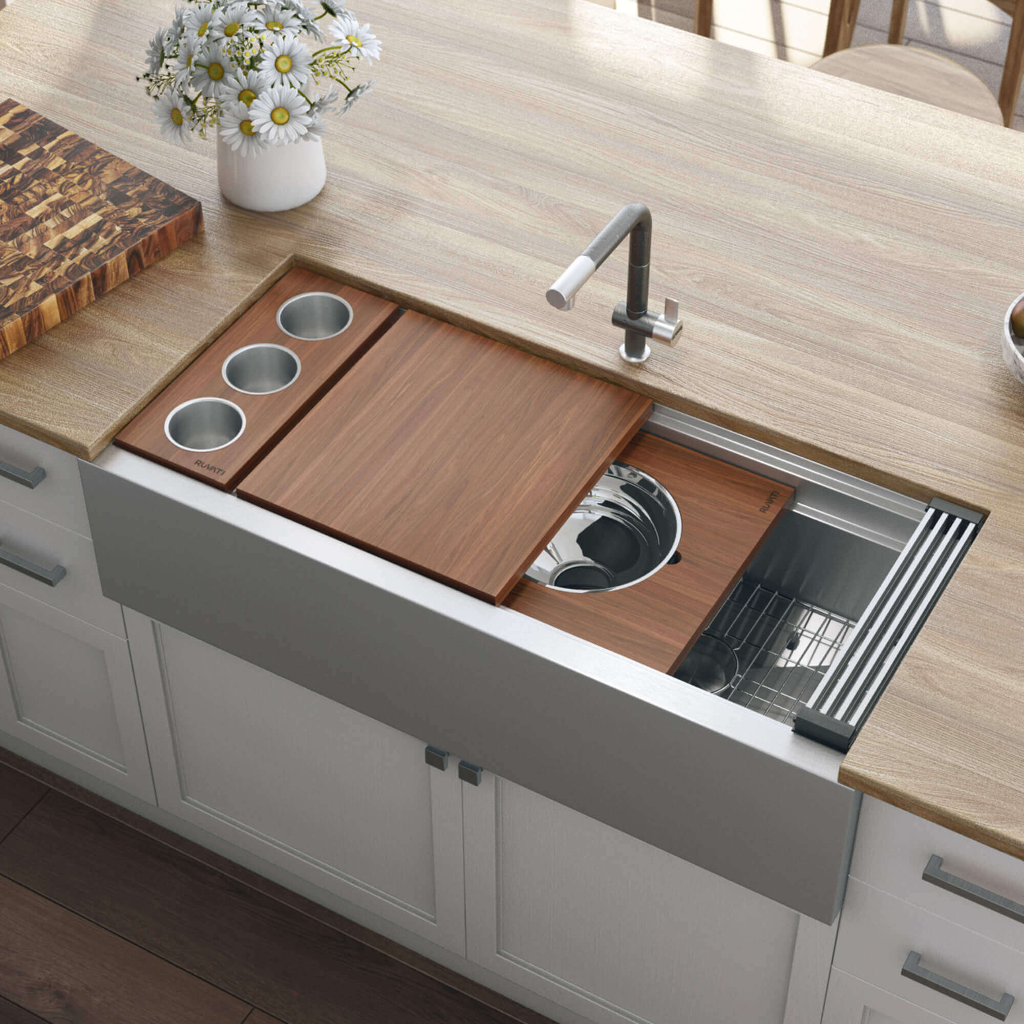 Main Image of Ruvati Dual-Tier 45" Stainless Steel Workstation Apron-front Farmhouse Sink, 16 Gauge, RVH9333