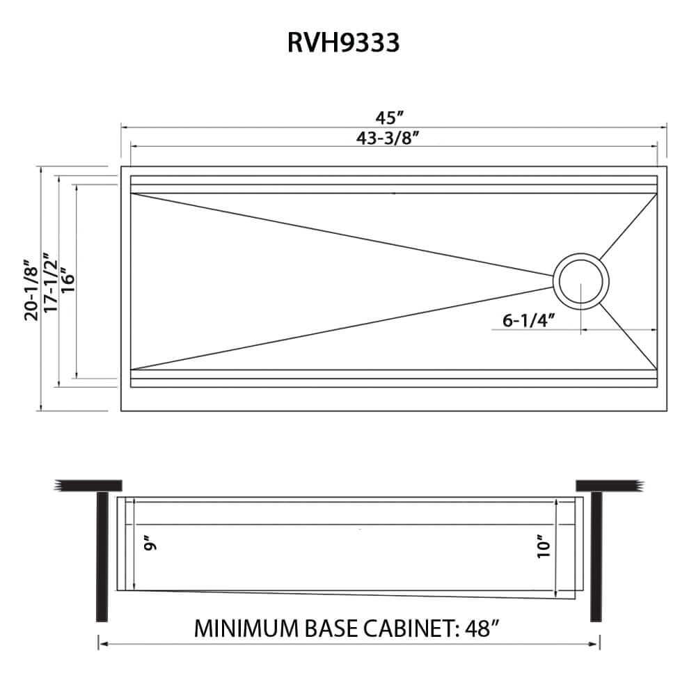 Dimensions Image for Ruvati Dual-Tier 45" Stainless Steel Workstation Apron-front Farmhouse Sink, 16 Gauge, RVH9333