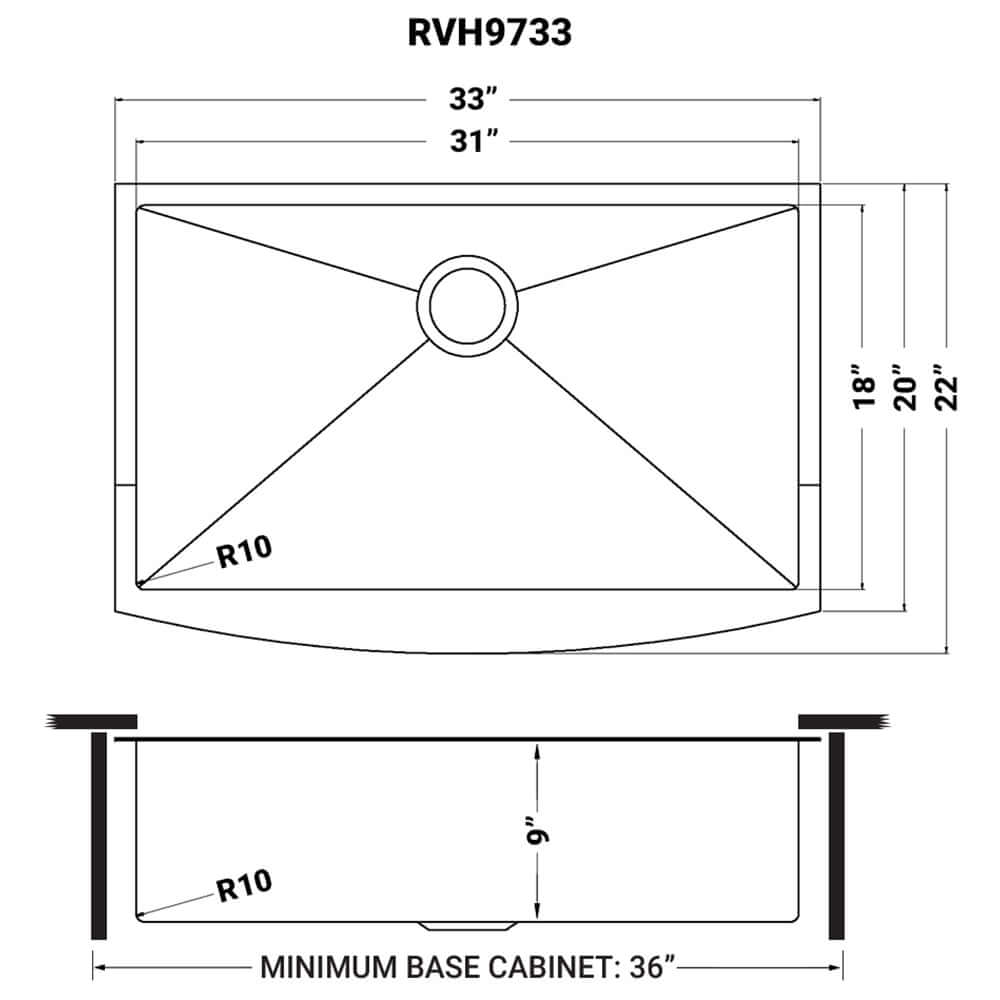Dimensions Image for Ruvati Terraza 33" Stainless Steel Apron-front Farmhouse Sink, Gunmetal Matte Black, 16 Gauge, RVH9733BL