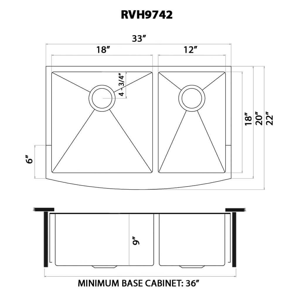 Dimensions Image for Ruvati Terraza 33" Stainless Steel Apron-front Farmhouse Sink, 60/40 Double Bowl, Brass Tone Matte Gold, 16 Gauge, RVH9742GG