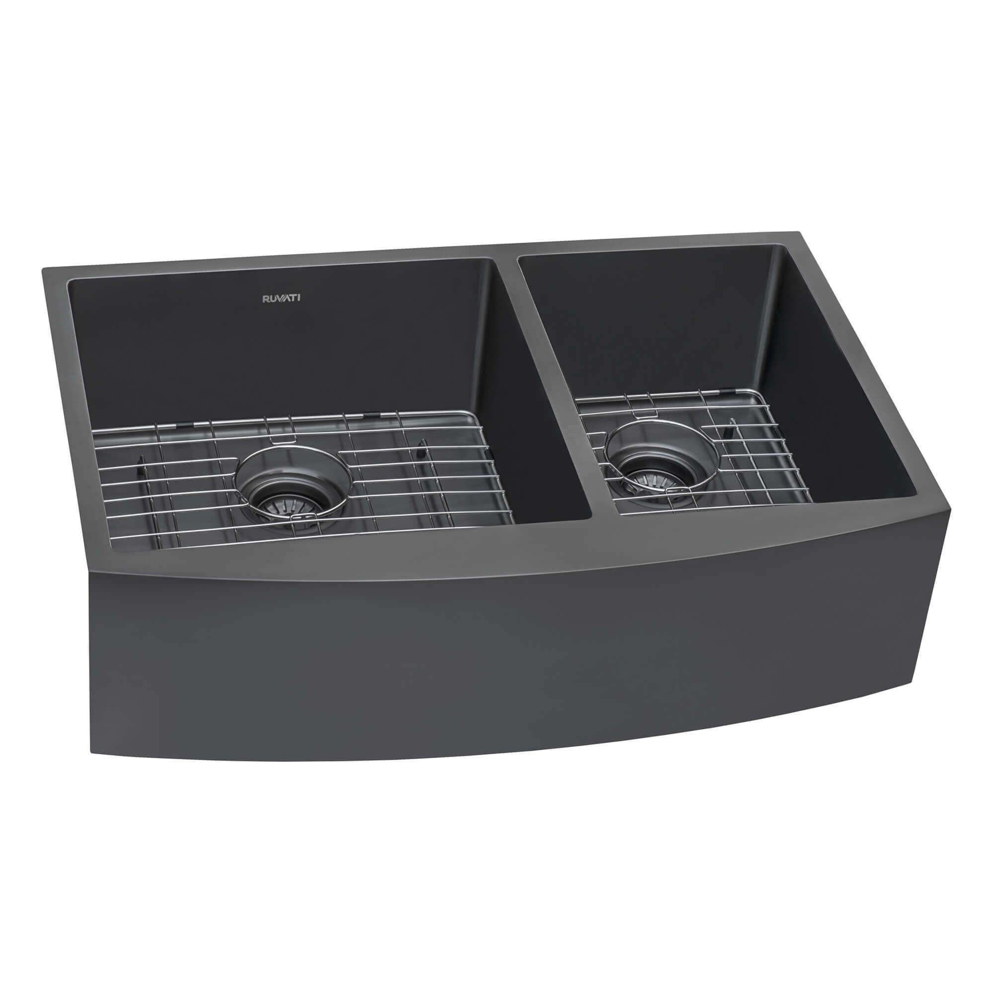 Alternative View of Ruvati Terraza 33" Stainless Steel Apron-front Farmhouse Sink, 60/40 Double Bowl, Gunmetal Matte Black, 16 Gauge, RVH9742BL