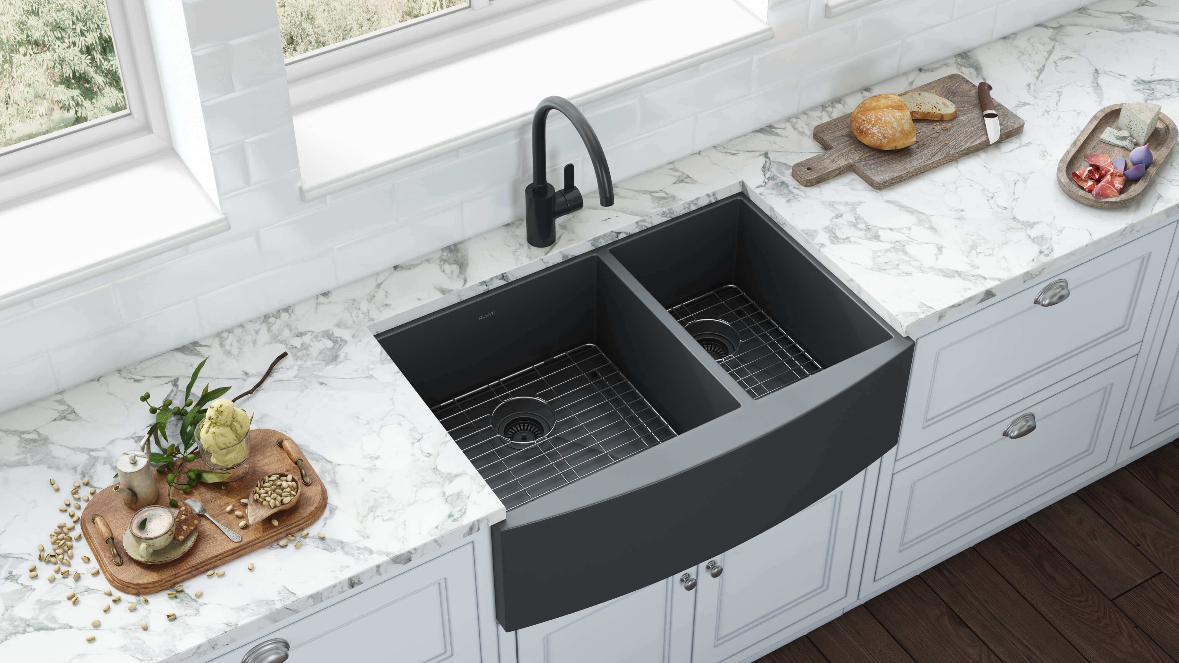 Alternative View of Ruvati Terraza 33" Stainless Steel Apron-front Farmhouse Sink, 60/40 Double Bowl, Gunmetal Matte Black, 16 Gauge, RVH9742BL