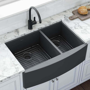 Alternate Image for Ruvati Terraza 33" Stainless Steel Apron-front Farmhouse Sink, 60/40 Double Bowl, Gunmetal Matte Black, 16 Gauge, RVH9742BL