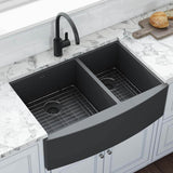 Main Image of Ruvati Terraza 33" Stainless Steel Apron-front Farmhouse Sink, 60/40 Double Bowl, Gunmetal Matte Black, 16 Gauge, RVH9742BL