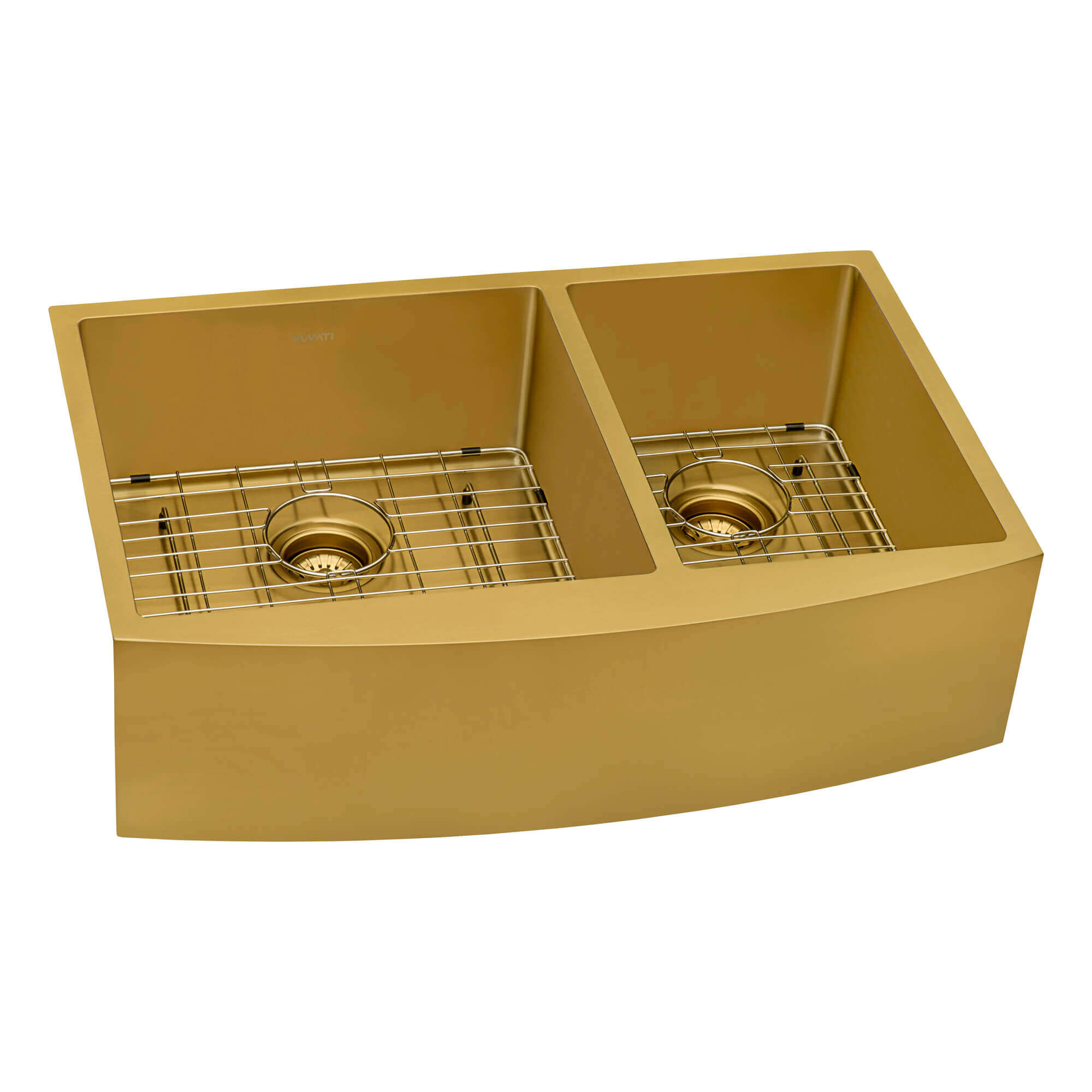 Alternative View of Ruvati Terraza 33" Stainless Steel Apron-front Farmhouse Sink, 60/40 Double Bowl, Brass Tone Matte Gold, 16 Gauge, RVH9742GG
