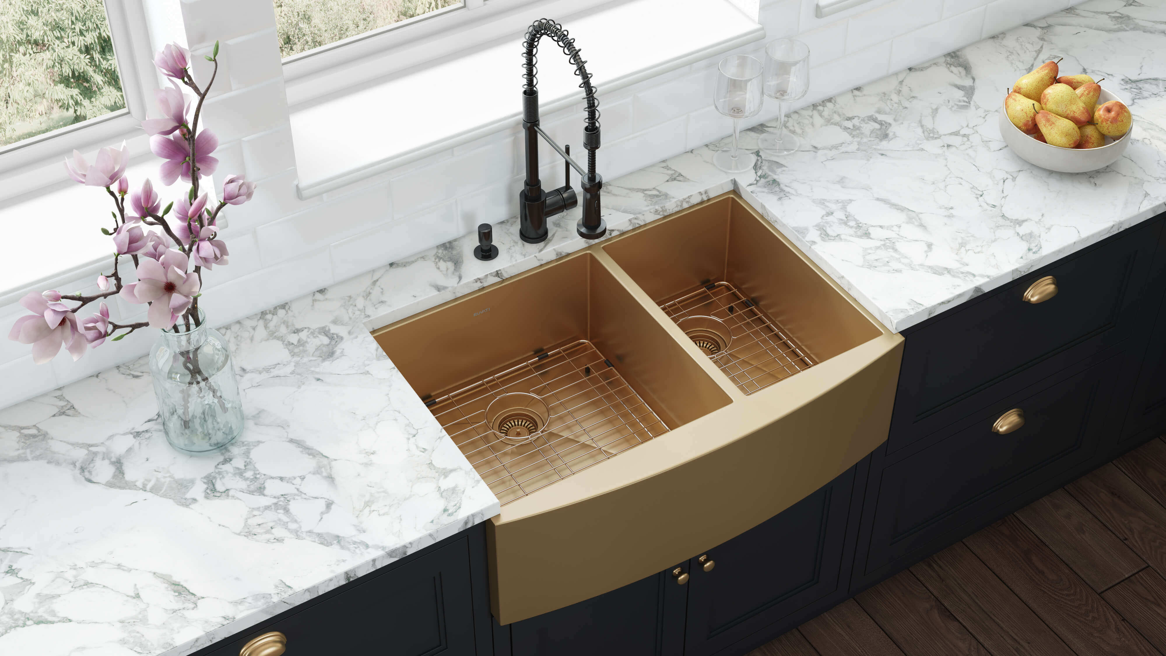 Alternative View of Ruvati Terraza 33" Stainless Steel Apron-front Farmhouse Sink, 60/40 Double Bowl, Brass Tone Matte Gold, 16 Gauge, RVH9742GG