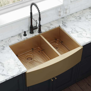 Alternate Image for Ruvati Terraza 33" Stainless Steel Apron-front Farmhouse Sink, 60/40 Double Bowl, Brass Tone Matte Gold, 16 Gauge, RVH9742GG