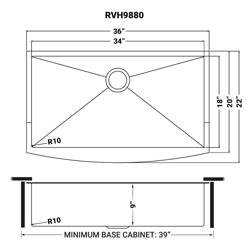 Dimensions Image for Ruvati Terraza 36" Stainless Steel Apron-front Farmhouse Sink, Gunmetal Matte Black, 16 Gauge, RVH9880BL
