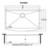 Dimensions for Ruvati Terraza 36" Stainless Steel Apron-front Farmhouse Sink, Brass Tone Matte Gold, 16 Gauge, RVH9880GG