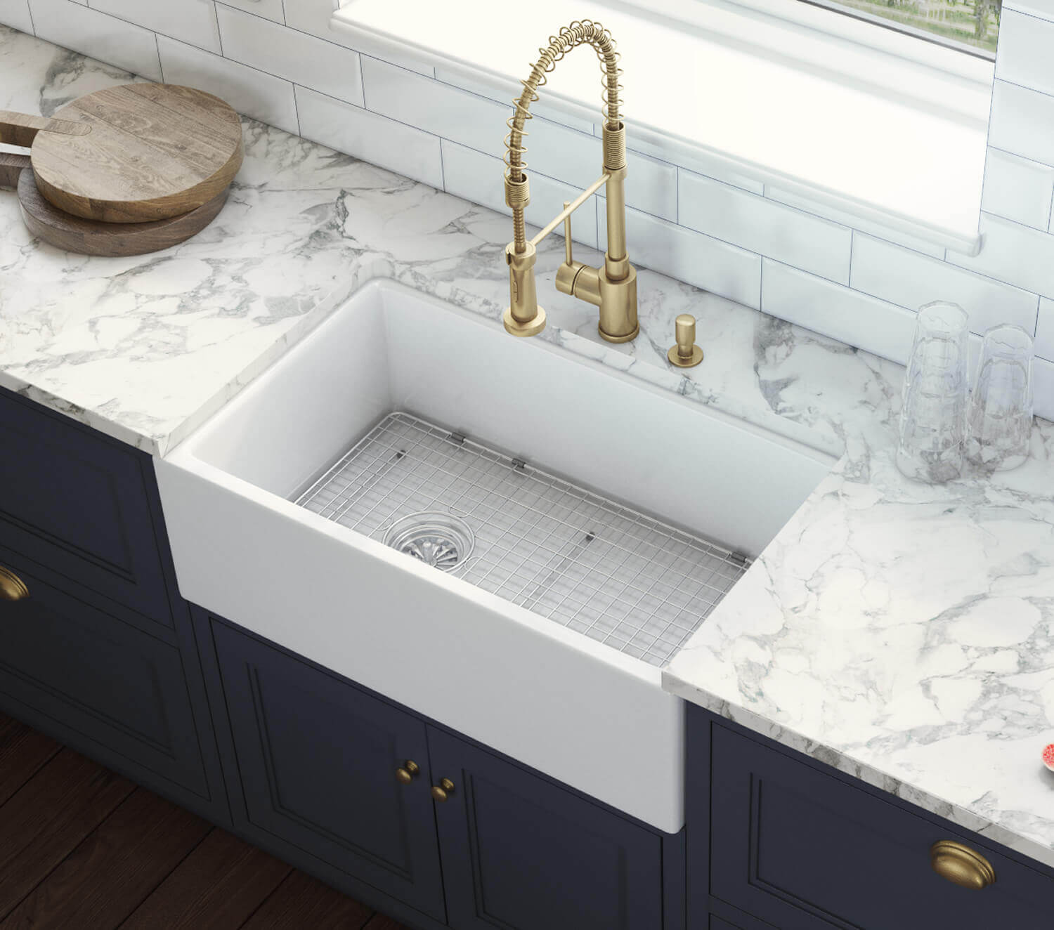 Alternative View of Ruvati Fiamma 30" Fireclay Offset Drain Farmhouse Sink, White, Left Drain, RVL2018WL