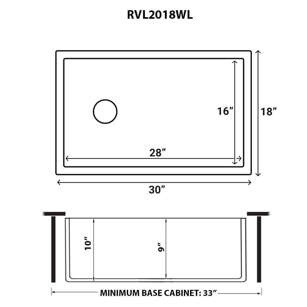 Dimensions Image for Ruvati Fiamma 30" Fireclay Offset Drain Farmhouse Sink, White, Left Drain, RVL2018WL