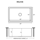 Dimensions Image for Ruvati Fiamma 30" Reversible Fireclay Apron-front Farmhouse Sink, Biscuit, RVL2100BS