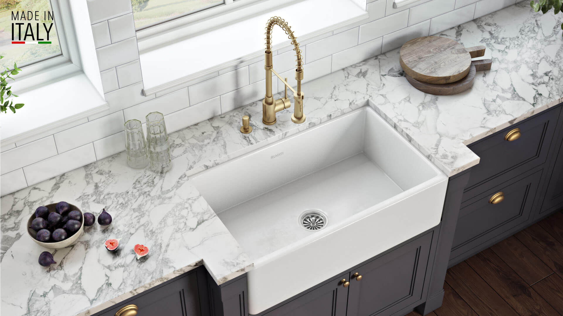Alternative View of Ruvati Fiamma 30" Reversible Fireclay Apron-front Farmhouse Sink, White, RVL2100WH