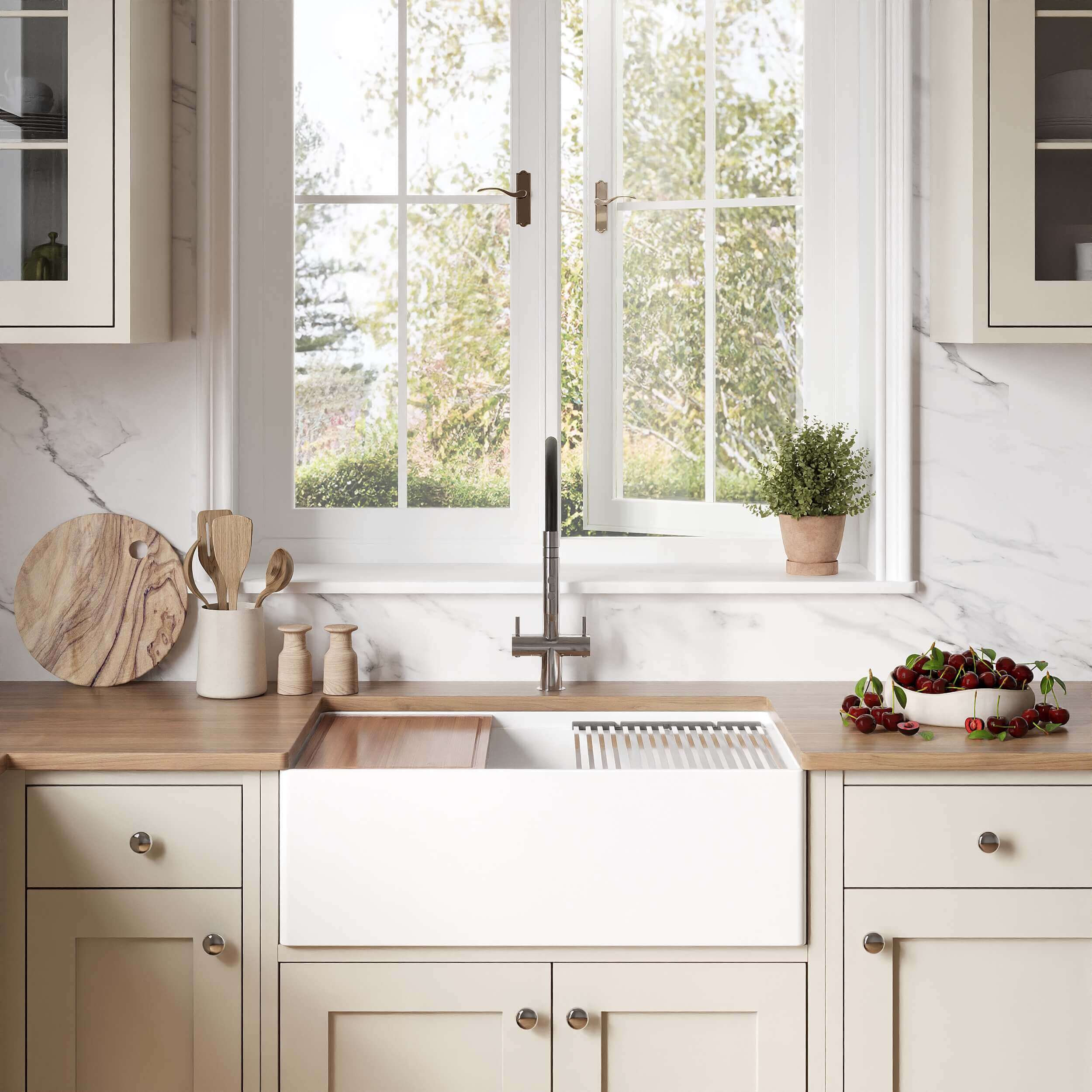 Ruvati Fiore 30" Fireclay Workstation Farmhouse Sink, White, RVL2182WH Product Image