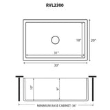 Dimensions Image for Ruvati Fiamma 33" Reversible Fireclay Apron-front Farmhouse Sink, Distressed Coastal Blue, RVL2300SB