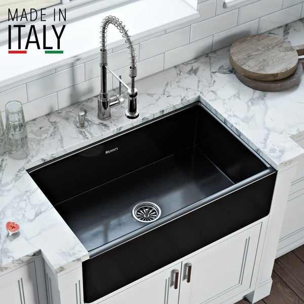 Main Image of Ruvati Fiamma 33" Reversible Fireclay Apron-front Farmhouse Sink, Glossy Black, RVL2300BK