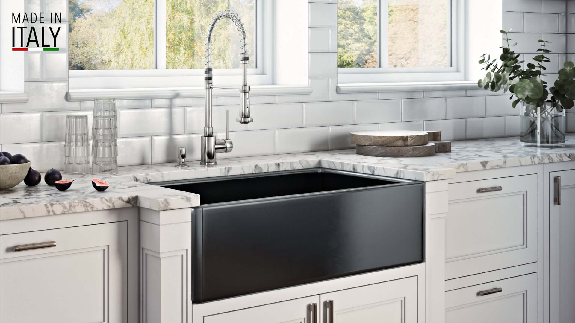 Alternative View of Ruvati Fiamma 33" Reversible Fireclay Apron-front Farmhouse Sink, Glossy Black, RVL2300BK