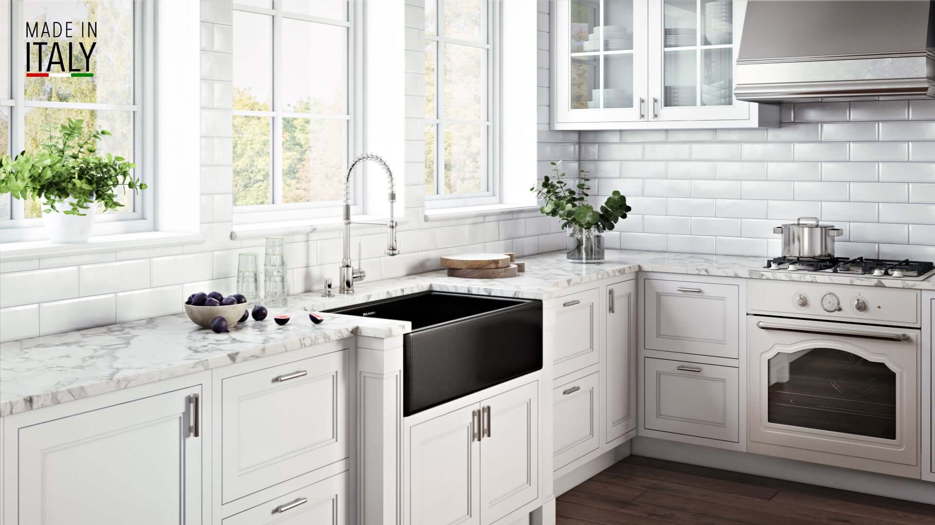 Alternative View of Ruvati Fiamma 33" Reversible Fireclay Apron-front Farmhouse Sink, Glossy Black, RVL2300BK
