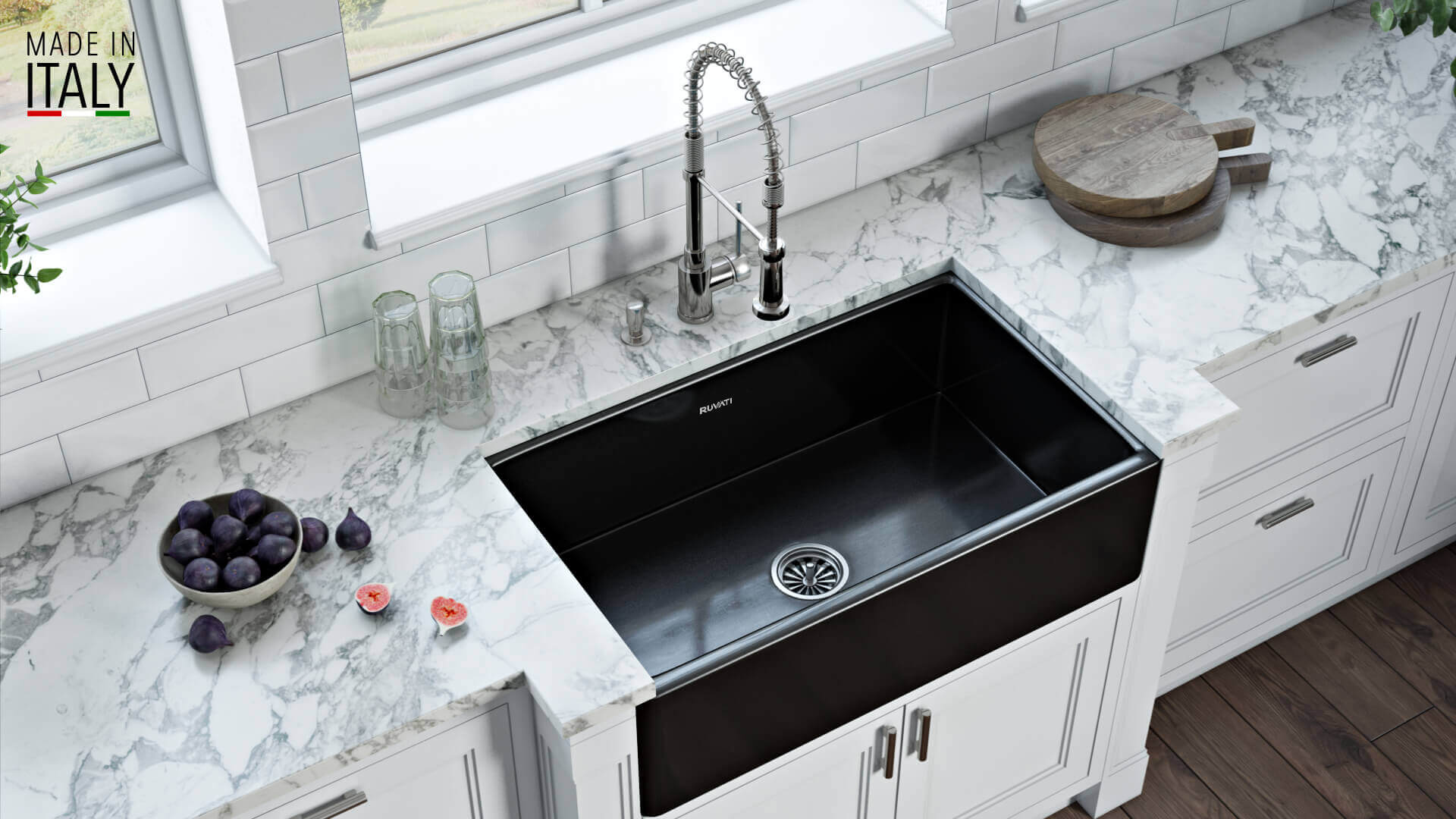 Alternative View of Ruvati Fiamma 33" Reversible Fireclay Apron-front Farmhouse Sink, Glossy Black, RVL2300BK