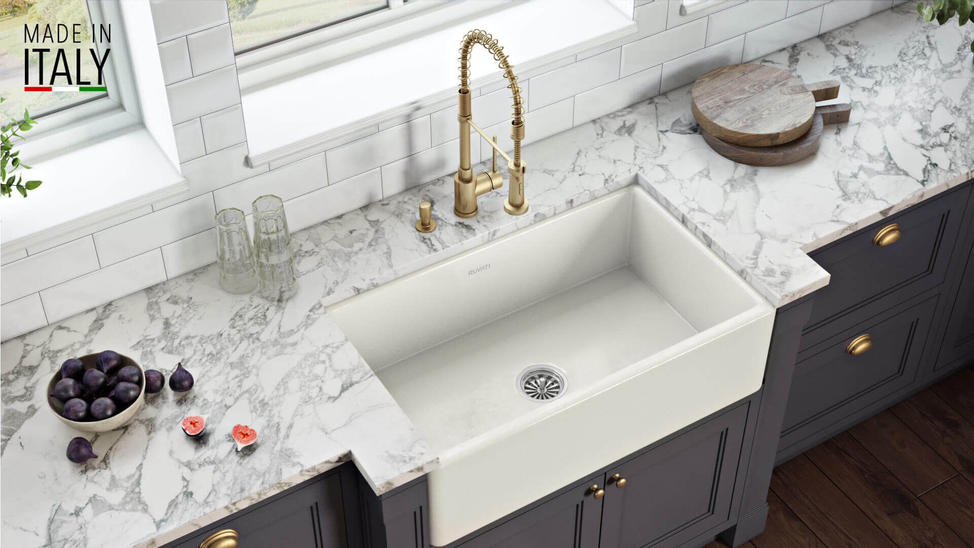 Alternative View of Ruvati Fiamma 33" Reversible Fireclay Apron-front Farmhouse Sink, Biscuit, RVL2300BS