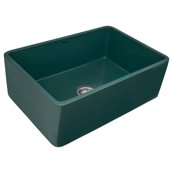 Main Image of Ruvati Fiamma 33 x 20 inch Fireclay Reversible Farmhouse Apron-Front Kitchen Sink Single Bowl, Emerald Green, RVL2300EG