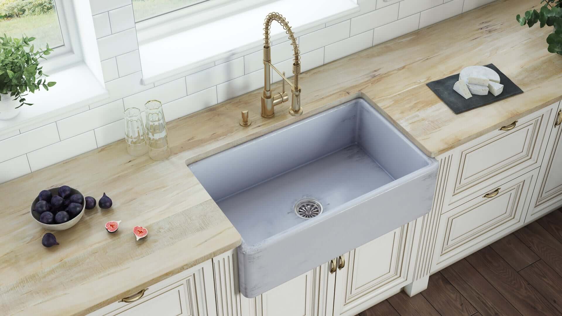 Alternative View of Ruvati Fiamma 33" Reversible Fireclay Apron-front Farmhouse Sink, Distressed Coastal Blue, RVL2300SB