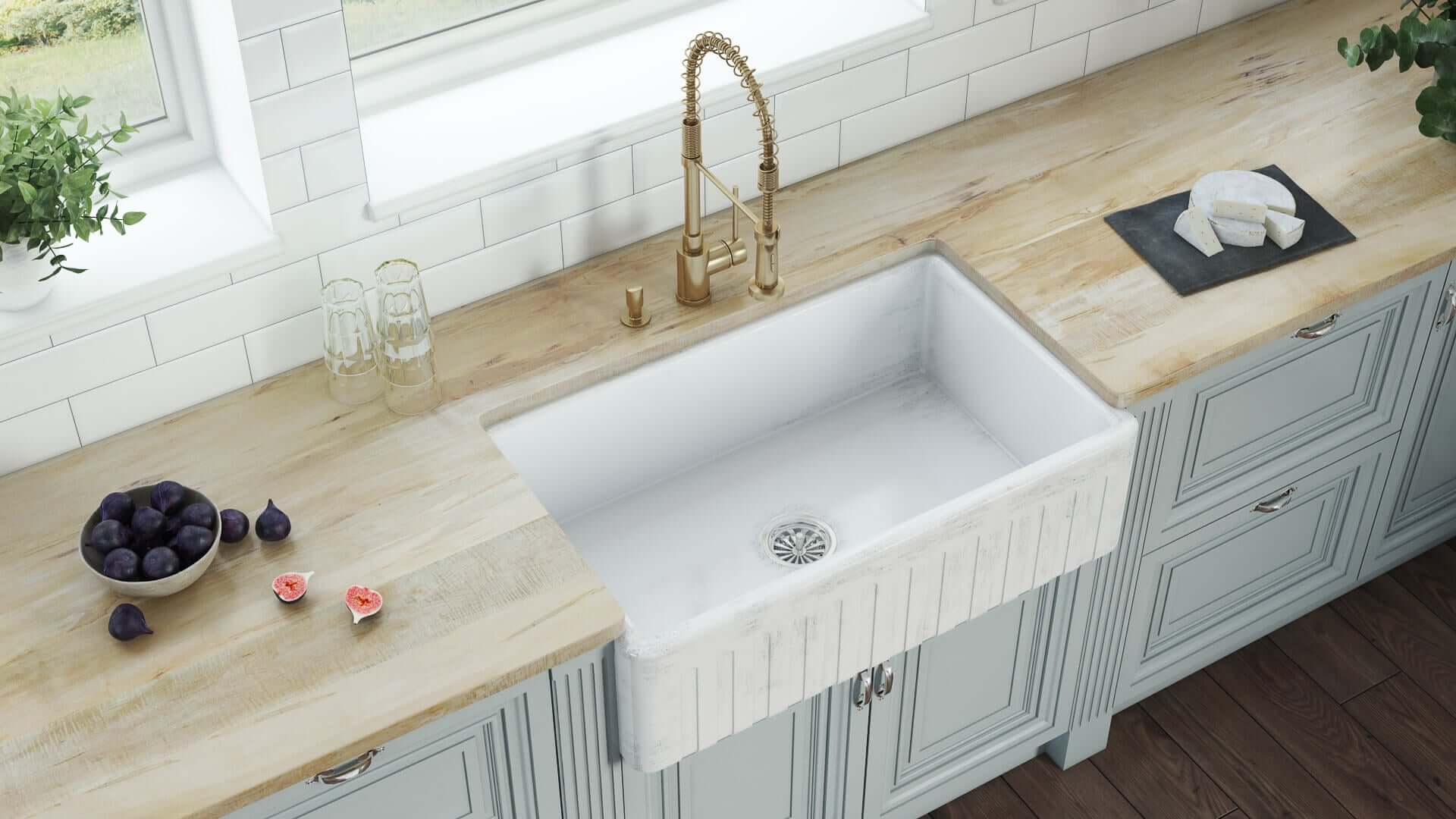 Alternative View of Ruvati Fiamma 33" Reversible Fireclay Apron-front Farmhouse Sink, Distressed White, RVL2300SW