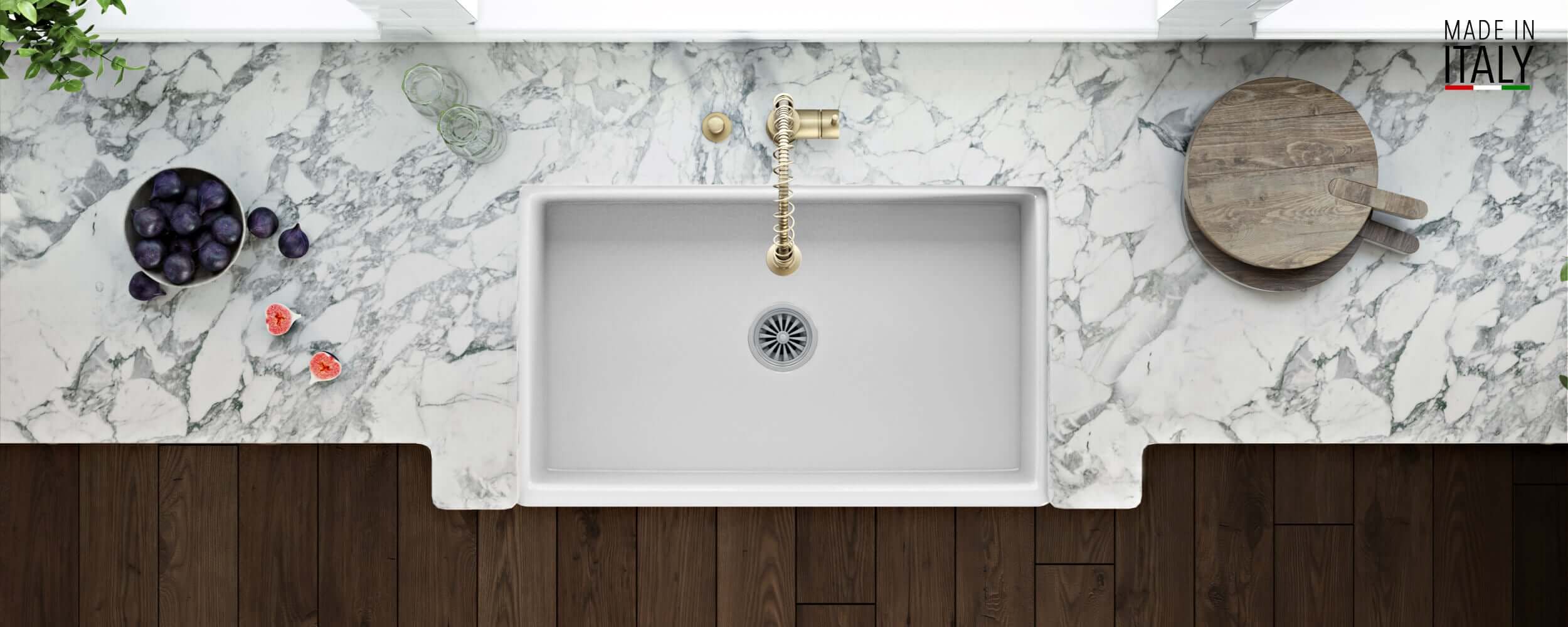 Alternative View of Ruvati Fiamma 33" Reversible Fireclay Apron-front Farmhouse Sink, White, RVL2300WH