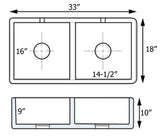 Dimensions for Ruvati Fiamma 33" Fireclay Apron-front Farmhouse Sink, 50/50 Double Bowl, White, RVL2311WH