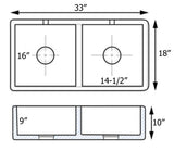 Dimensions Image for Ruvati Fiamma 33" Fireclay Apron-front Farmhouse Sink, 50/50 Double Bowl, White, RVL2311WH