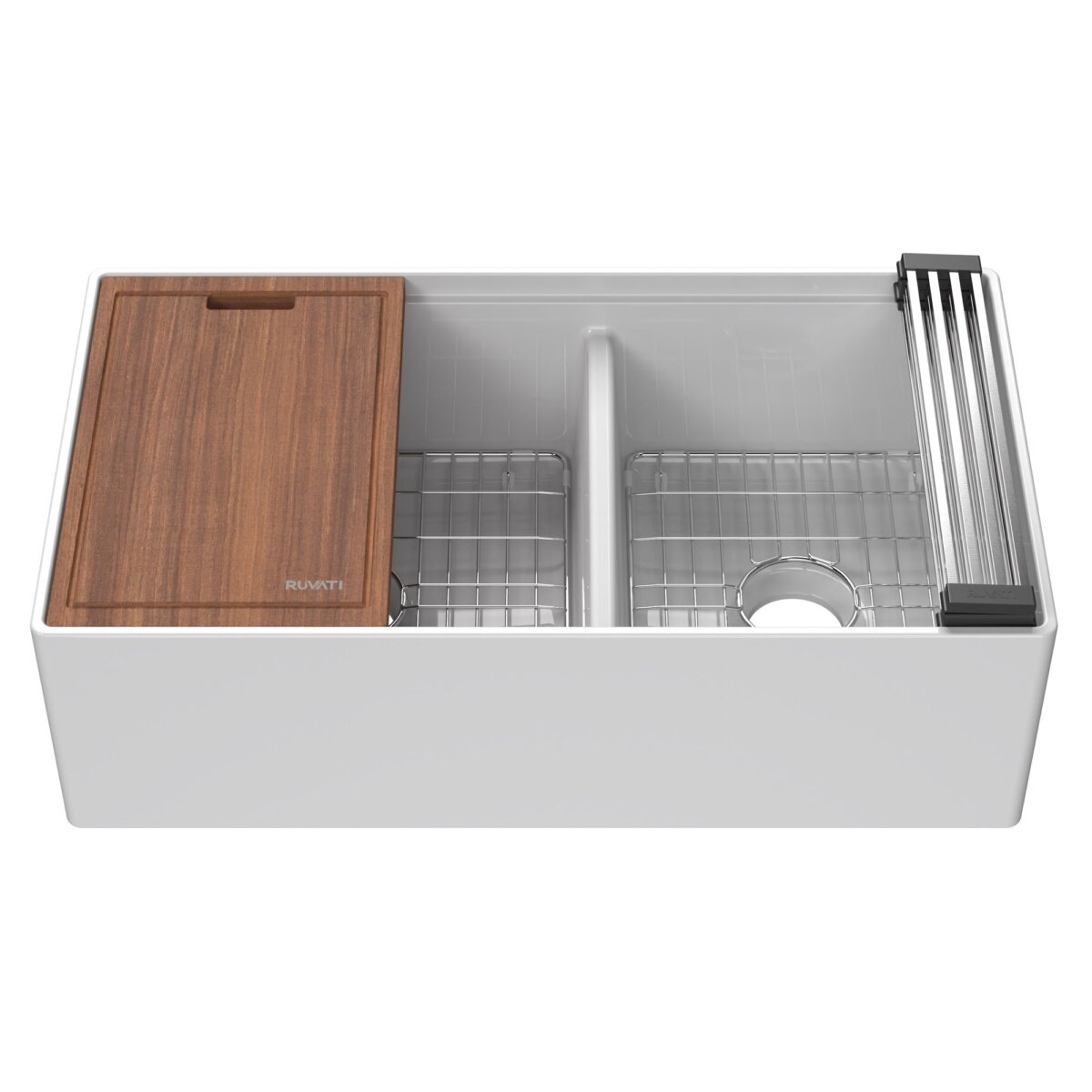Ruvati Fiore 33" Fireclay Workstation Farmhouse Sink, 60/40 Double Bowl, White, RVL2382WH