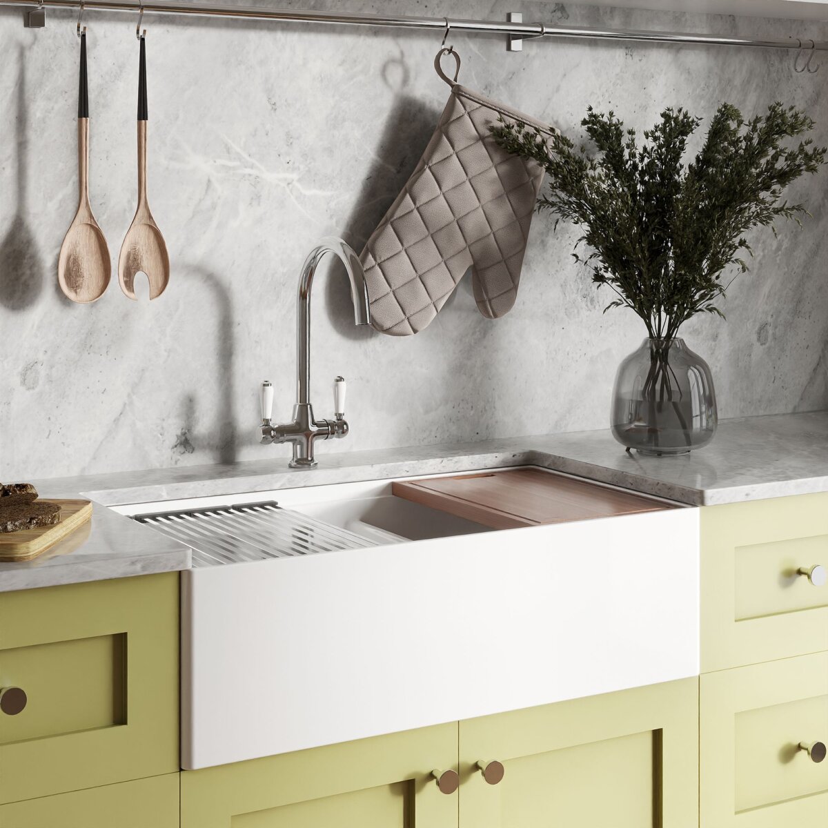 Ruvati Fiore 33" Fireclay Workstation Farmhouse Sink, 60/40 Double Bowl, White, RVL2382WH