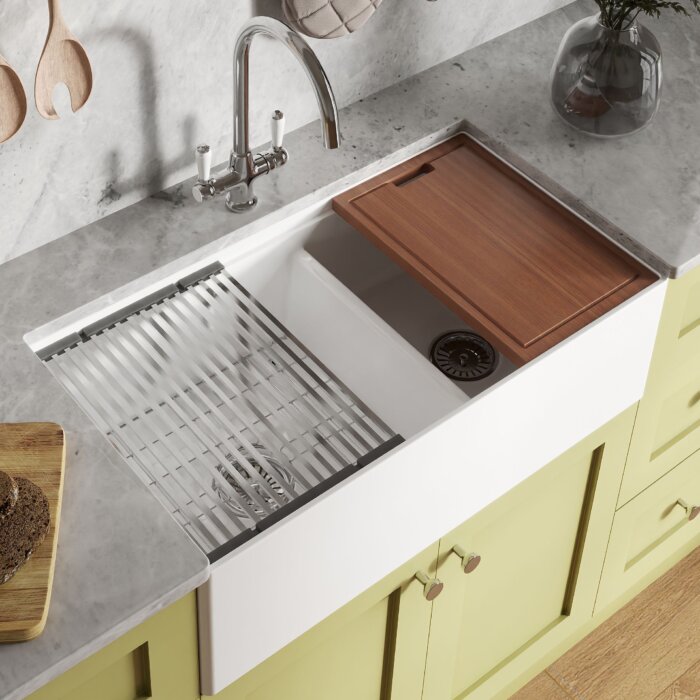Ruvati Fiore 33" Fireclay Workstation Farmhouse Sink, 60/40 Double Bowl, White, RVL2382WH Product Image