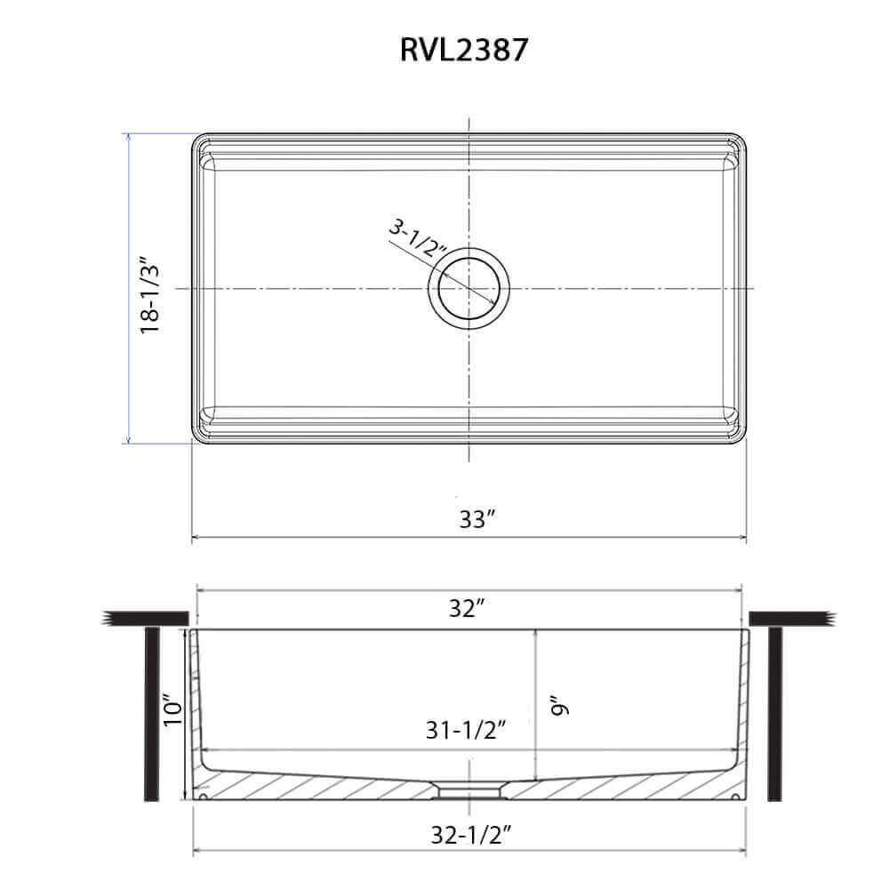 Dimensions Image for Ruvati Fiore 33 inch Fireclay Workstation Farmhouse Kitchen Sink Apron Front Single Bowl Biscuit Sand, RVL2387BS