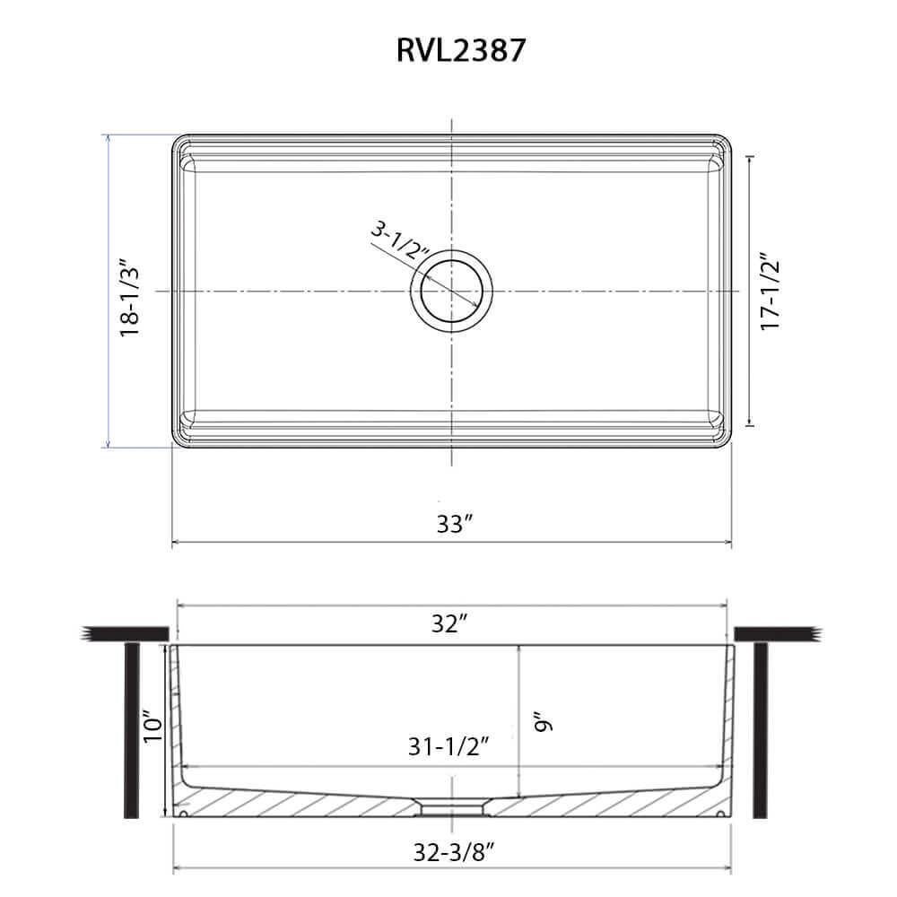 Dimensions Image for Ruvati Fiore 33 inch Fireclay Workstation Black Farmhouse Kitchen Sink Apron Front Single Bowl, Glossy Black, RVL2387BK