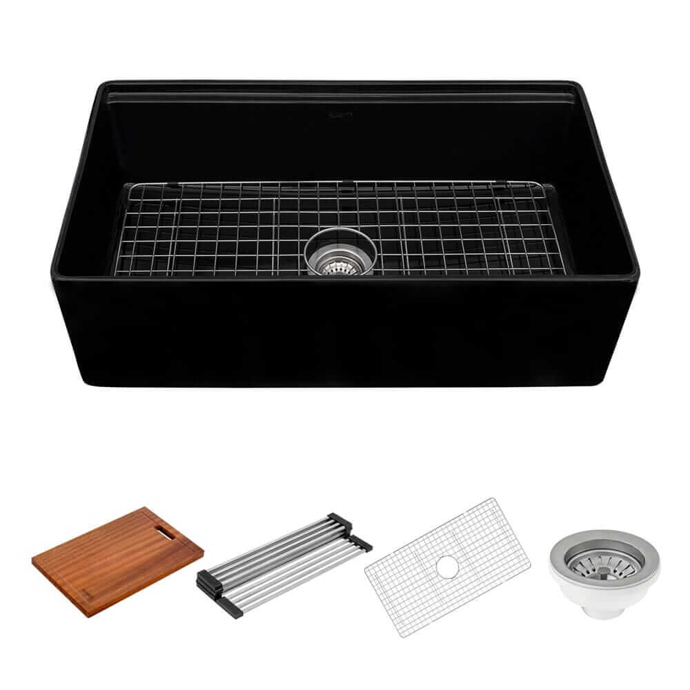 Alternative View of Ruvati Fiore 33 inch Fireclay Workstation Black Farmhouse Kitchen Sink Apron Front Single Bowl, Glossy Black, RVL2387BK