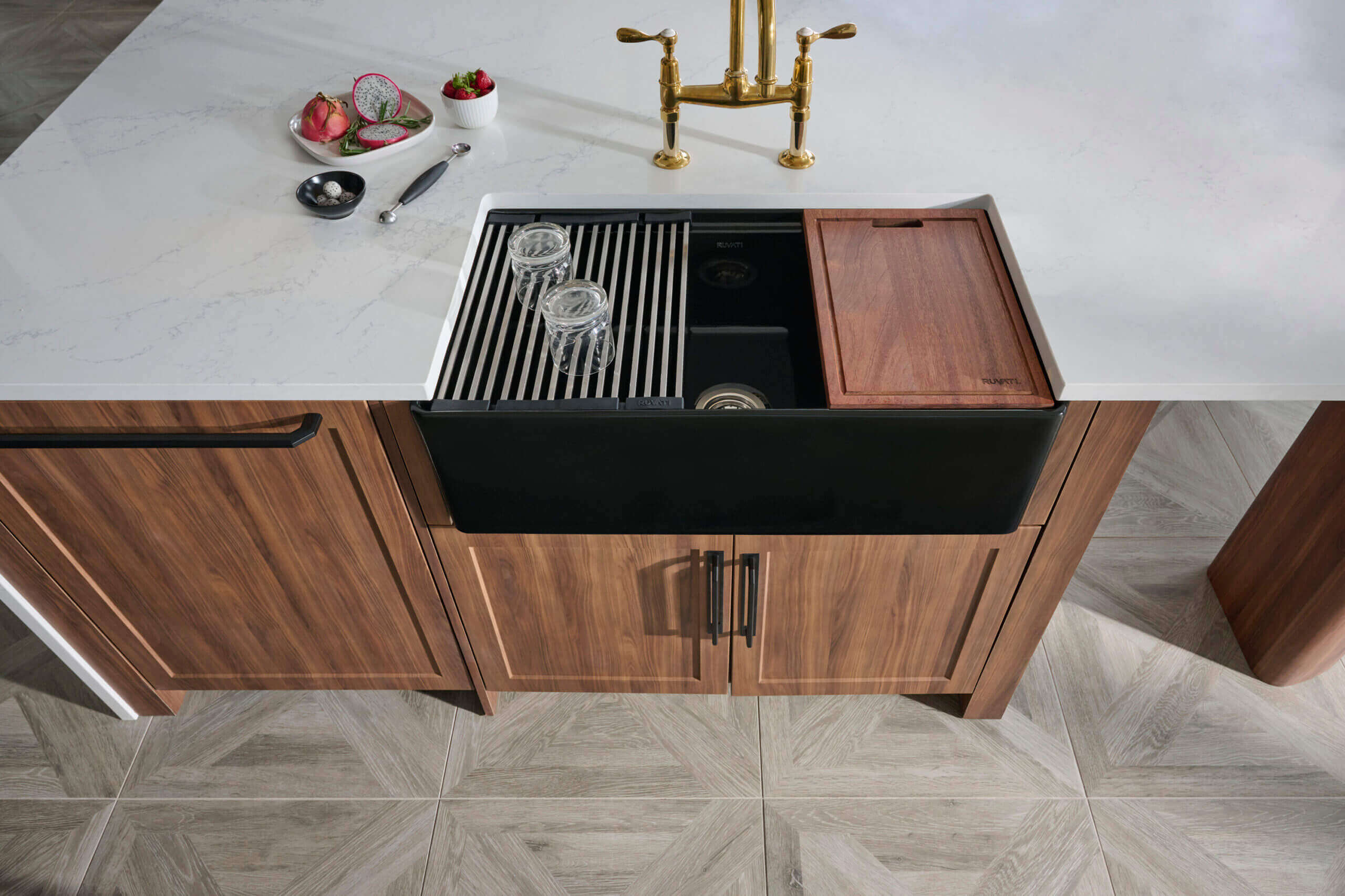 Alternative View of Ruvati Fiore 33 inch Fireclay Workstation Black Farmhouse Kitchen Sink Apron Front Single Bowl, Glossy Black, RVL2387BK