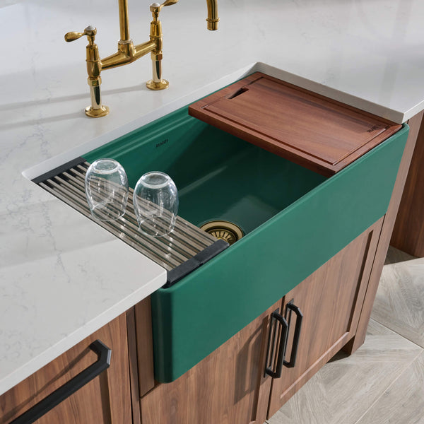 Ruvati Fiore 33 inch Fireclay Workstation Emerald Green Farmhouse Kitchen Sink Apron Front Single Bowl, RVL2387EG