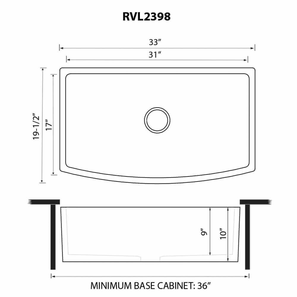 Dimensions Image for Ruvati Fiamma 33 inch Fireclay Black Farmhouse Kitchen Sink Bow Front Curved Apron Single Bowl, Glossy Black, RVL2398BK