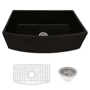 Alternate Image for Ruvati Fiamma 33 inch Fireclay Black Farmhouse Kitchen Sink Bow Front Curved Apron Single Bowl, Glossy Black, RVL2398BK