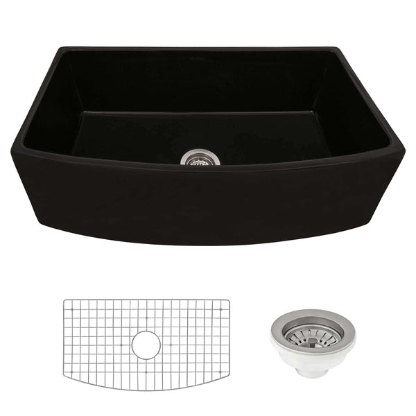 Main Image of Ruvati Fiamma 33 inch Fireclay Black Farmhouse Kitchen Sink Bow Front Curved Apron Single Bowl, Glossy Black, RVL2398BK