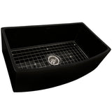 Ruvati Fiamma 33 inch Fireclay Black Farmhouse Kitchen Sink Bow Front Curved Apron Single Bowl, Glossy Black, RVL2398BK