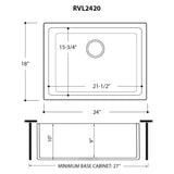 Dimensions Image for Ruvati Fiamma 24" Undermount Fireclay Kitchen Sink, White, RVL2420WH