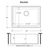 Dimensions for Ruvati Fiamma 24" Undermount Fireclay Kitchen Sink, White, RVL2420WH